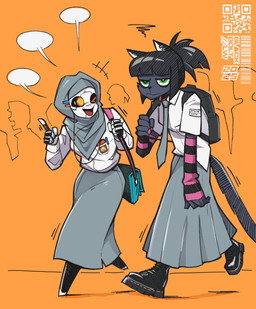 5_fingers :< annoyed anthro arm_warmers armwear backpack bangs barcode belt black_body black_fur black_hair boots bottomwear choker clothed clothing double_v_sign duo ear_piercing electronics emanata facial_tuft female fingers footwear fur gesture green_eyes hair hand_gesture headgear headphones headwear hijab jewelry looking_at_another machine necklace one_eye_closed open_mouth open_smile orange_background piercing portable_music_player qr_code religious_clothing religious_headwear school_uniform shirt shoes short_hair simple_background skirt smile speech_bubble t-shirt tail topwear tuft uniform v_sign young blackboltlonewolf good_charlotte background_character felisia_(blackbolt) indira_(blackbolt) domestic_cat felid feline felis humanoid mammal robot robot_humanoid 2025 hi_res signature