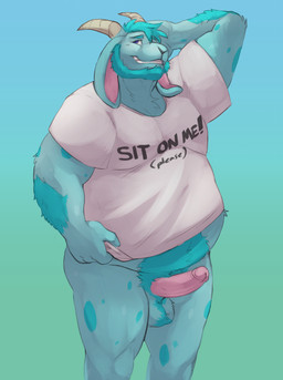 anthro balls beard blue_body blue_eyes blush bottomless clothed clothing embarrassed erection facial_hair fur genitals glans hair horn humanoid_genitalia humanoid_penis male overweight penis shirt shirt_only simple_background solo text topwear topwear_only horrorbuns uno_(unoriginaluno) bovid caprine goat mammal 2025 absurd_res digital_media_(artwork) english_text hi_res