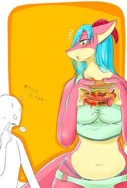 anthro blush breasts claws clothed clothing duo eating female finger_claws food green_eyes hair holding_food holding_object horn larger_anthro larger_female looking_at_another navel pink_body size_difference tail text topwear denyfake mythology anon dragon human mammal mythological_creature mythological_scalie scalie wingless_dragon 2017 hi_res