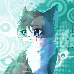 abstract_background blue_eyes blue_line_art female feral frutiger_metro fur grey_body grey_fur hair hair_over_eye scar solo text white_body white_fur y2k_(graphic_design) rootfrost warriors_(book_series) ivypool_(warriors) artist_name colored_line_art