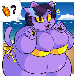 anthro areola areola_slip beach belly belly_overhang big_areola big_belly big_breasts bikini black_hair black_nose blue_hair breasts claws clothed clothing cloud dark_hair ear_piercing eyelashes fangs female freckled_breasts freckled_hips freckled_shoulders freckles fur hair highlights_(coloring) long_eyelashes looking_at_viewer navel open_mouth open_smile outside overweight overweight_anthro overweight_female piercing purple_areola purple_body purple_fur question_mark sky smile solo sunscreen swimwear tail teeth thick_thighs two-piece_swimsuit wide_hips yellow_sclera krisispiss undertale_(series) catty_cattenheimer domestic_cat felid feline felis mammal 1:1 2026 digital_media_(artwork) hi_res signature