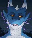 anthro electricity glowing glowing_eyes gradient_background horn lips looking_at_viewer male muscular plant simple_background sky solo teeth tree yessys mythology vendragon dragon mythological_creature mythological_scalie scalie absurd_res hi_res portrait