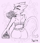 ambiguous_gender anthro bodily_fluids butt clothing cosplay cute_fangs fangs freckles gloves handwear heart_symbol jacket rear_view saliva saliva_on_tongue simple_background solo teeth tongue tongue_out topwear whiskers zipper salaciouslx king_of_fighters andy_(kaboozey) ash_crimson domestic_cat felid feline felis mammal 2020 hi_res signature sketch