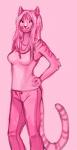 anthro biped bottomwear breasts clothed clothing denim denim_bottomwear denim_clothing female hair hands_on_hips jeans jewelry long_hair necklace pants pose shirt smile solo standing stripes tank_top topwear whiskers theowlette domestic_cat felid feline felis mammal monochrome pink_theme sketch