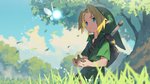 blonde_hair blue_eyes clothing cloud day duo fairy_dust grass hair hat headgear headwear holding_object humanoid_pointy_ears male musical_instrument not_furry plant pointy_ears tree wings blanco026 nintendo ocarina_of_time the_legend_of_zelda navi young_link fairy humanoid hylian 16:9 2020 hi_res signature widescreen