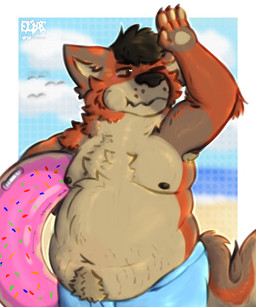 anthro beach belly blue_clothing blue_swimming_trunks blue_swimwear blurred_background brown_body brown_fur brown_hair brown_nipples clothed clothing fur hair humanoid_hands inflatable inner_tube male navel nipples orange_body orange_fur overweight overweight_anthro overweight_male pawpads raised_arm sand sea solo stretch_marks swimming_trunks swimwear tail tan_body tan_fur tan_inner_ear tan_pawpads topless topless_anthro topless_male water eliaslynxie 2026 5:6 absurd_res digital_drawing_(artwork) digital_media_(artwork) english_description hi_res