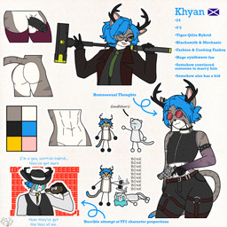 abs angry anthro antlers armband athletic balls barbel_(anatomy) belt big_butt black_penis blue_hair bodily_fluids butt clothing coat collar collared_shirt crop_top crying dress_shirt dripping eyebrows eyewear frown garter_straps genital_fluids genitals gesture glasses grey_body gun hair hammer hand_gesture handgun hat headgear headwear horn leaking_precum legwear long_hair male necktie one_eye_closed penis pistol precum precum_drip ranged_weapon revolver shirt simple_background sledgehammer slim smile solo spiked_armband spiked_collar spikes sunglasses tail tears text thick_thighs thigh_highs tongue tongue_out tools topwear v_sign vest weapon white_body wide_hips wink yellow_eyes cayenne_arts helldivers mythology khyan_(cayenne_arts) dragon felid hybrid kirin mammal mythological_creature mythological_scalie pantherine scalie tiger 1:1 absurd_res english_text flat_colors hi_res model_sheet