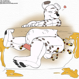 abdominal_bulge animal_genitalia animal_penis balls belly bestiality big_belly black_pawpads bodily_fluids brown_body butt claws cum feet feral finger_claws flying food genital_fluids genitals group heart_symbol honey_(food) inflation log male markings navel pawpads paws penis plushie spots spotted_body stuck text toe_claws toes white_body wings wood pascal_(artist) pascal_(cudacore) animate_inanimate arthropod bee canid canine canis dalmatian domestic_dog hymenopteran insect living_plushie mammal 1:1 artist_name hi_res