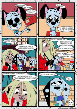 dialogue duo female feral fur holding_card id_card male pleading_eyes red_card speech_bubble text white_body white_fur redundantmodule 101_dalmatian_street 101_dalmatians disney dawkins_(101_dalmatians) delilah_(101_dalmatians) dylan_(101_dalmatians) hunter_de_vil canid canine canis dalmatian domestic_dog human mammal comic english_text hi_res