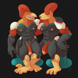 abs anthro athletic avian_feet beak claws duo feathers feet genitals glans hug long_tail male muscular muscular_male nipples pecs penis red_penis simple_background tail yellow_beak yellow_feet yellow_glans yellow_nipples ravuer avian bird chicken galliform phasianid 1:1 hi_res