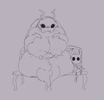 antennae_(anatomy) anthro areola bench big_breasts black_eyes blush blush_lines breasts duo empty_eyes eyelashes featureless_feet feet female front_view grey_background hand_on_chest huge_breasts larger_female male nipples nude simple_background sitting size_difference smaller_male thick_thighs wide_hips olozva hollow_knight team_cherry bretta_(hollow_knight) the_knight_(hollow_knight) arthropod insect