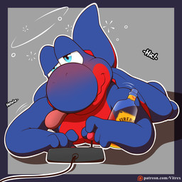 alcohol anthro beverage blush drunk male nude simple_background solo substance_intoxication text tongue tongue_out vitrex mario_bros nintendo fan_character tsukari blue_yoshi dinosaur prehistoric_species reptile scalie yoshi 1:1 digital_media_(artwork) hi_res url
