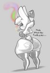 anthro big_butt blush breasts butt cigarette clothing dialogue female fingerless_gloves gloves handwear huge_butt leotard looking_back smoking solo stretching text wide_hips conditional_dnp daserfomalhaut cupcake_(oriole) lagomorph leporid mammal rabbit english_text hi_res