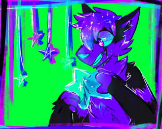 anthro black_body black_fur blue_eyes blue_nose cosmic_hair ethereal_hair fur male neon psychedelic purple_body purple_fur sketchy solo sparkles star cronchyteeth kitsunaki canid canine fox mammal 2021 5:4 half-length_portrait portrait