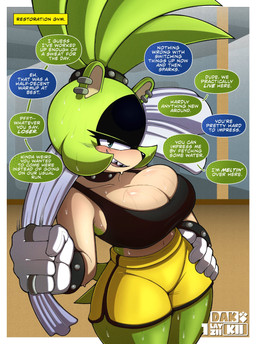 anthro athletic_wear big_breasts black_body black_bra black_clothing black_fur black_sports_bra black_underwear blue_eyes blush bodily_fluids bottomwear bra breasts clothed clothed_anthro clothed_female clothing collar dialogue ear_piercing female fur gloves green_body green_fur green_hair gym_bottomwear gym_shorts hair handwear high-angle_view multicolored_body multicolored_fur piercing shorts solo speech_bubble sports_bra sweat text thick_thighs towel two_tone_body two_tone_fur underwear white_clothing white_gloves white_handwear wide_hips dakkii idw_publishing sega sonic_the_hedgehog_(comics) sonic_the_hedgehog_(idw) sonic_the_hedgehog_(series) surge_the_tenrec afrosoricid mammal tenrec 2026 absurd_res english_text hi_res