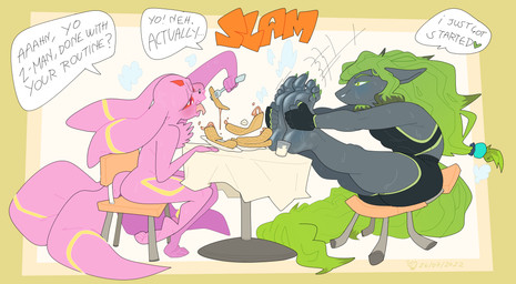 anthro blush bodily_fluids dialogue duo eating feet food food_fetish foot_fetish heart_symbol male male/male soles speech_bubble sweat text toes oddjuice nintendo pokemon fan_character eeveelution generation_2_pokemon generation_5_pokemon pokemon_(species) umbreon zoroark english_text hi_res