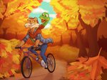 anthro autumn bicycle clothing cycling duo feral flannel forest male outside plaid plant sweater topwear tree vehicle daxhush spycies jim_(spycies) malik_(spycies) mammal mustelid musteline reptile scalie snake true_musteline weasel hi_res