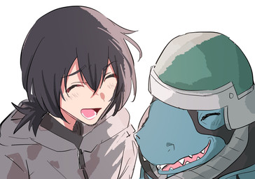 anthro armor black_hair blue_body duo hair headgear helmet male mask smile gotm_tknr bandai_namco digimon digimon_beatbreak haruomi_sone commandramon digimon_(species) human mammal scalie hi_res