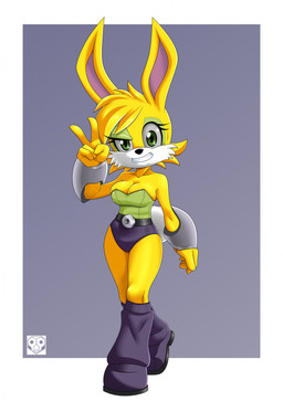 clothed clothing female fur gesture green_eyes hand_gesture rabbit_ears scut_tail short_tail solo tail v_sign yellow_body yellow_fur eins-to-erin archie_comics sega sonic_the_hedgehog_(archie) sonic_the_hedgehog_(comics) sonic_the_hedgehog_(series) scarlette_rabbot lagomorph leporid mammal rabbit hi_res