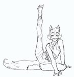 clothed clothing flexible leg_in_air looking_at_viewer male raised_leg simple_background smug solo white_background gatobob boyfriend_to_death ren_hana animal_humanoid beastkin_(gatobob) canid canid_humanoid canine canine_humanoid fox_humanoid humanoid mammal mammal_humanoid hi_res monochrome sketch