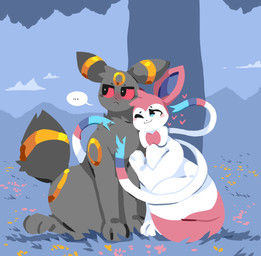 ambiguous_gender biped black_body black_fur blue_eyes blush chest_tuft detailed_background dialogue duo ellipsis feral fluffy fur grass head_tuft heart_symbol looking_back looking_up love mountain multicolored_body multicolored_fur on_grass on_ground one_eye_closed paws pink_body pink_fur plant red_eyes red_sclera smile speech_bubble tail tail_tuft tree tuft under_tree white_body white_fur yellow_body yellow_fur sutihukka nintendo pokemon canid eeveelution generation_2_pokemon generation_6_pokemon mammal pokemon_(species) sylveon umbreon 2026 hi_res