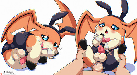 anal balls bedroom_eyes bestiality blue_eyes blush bodily_fluids bow_tie butt duo erection feral feral_penetrated fur genital_fluids genitals head_wings human_on_feral human_penetrating human_penetrating_feral interspecies male male/male male_penetrated male_penetrating male_penetrating_male narrowed_eyes orange_body orange_fur penetration penis perineum playboy_bunny playboy_outfit precum seductive sex tapering_penis unusual_wing_placement wings cloudeon bandai_namco digimon digimon_(species) human mammal patamon hi_res