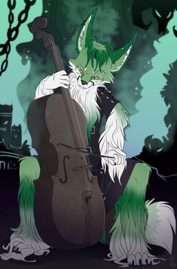 anthro arm_fluff biped black_clothing black_nose black_shirt black_topwear bowed_string_instrument cello cheek_tuft claws clothed clothing countershade_face countershade_torso countershading ear_piercing ear_ring eyebrows facial_tuft fluffy front_view fur green_body green_fur green_hair hair holding_musical_instrument holding_object leg_fluff male musical_instrument piercing playing_music ring_piercing shirt short_hair sitting solo string_instrument toe_claws topwear tuft white_body white_countershading white_fur fuf bradley_(gratitude-advocate) afghan_hound border_collie canid canine canis collie domestic_dog fennec_fox fox herding_dog hunting_dog hybrid mammal pastoral_dog sheepdog sighthound true_fox 2019 hi_res