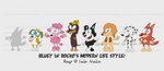 anthro black_body black_fur brown_body brown_fur clothing eyewear female fur glasses gloves_(marking) group hat headgear headwear leg_markings male markings overbite pink_body pink_fur red_body red_fur silhouette socks_(marking) spots spotted_body spotted_fur style_emulation tan_body tan_fur text white_body white_fur rockosedits bluey_(series) chloe_(bluey) coco_(bluey) honey_(bluey) indy_(bluey) mackenzie_border_collie rusty_(bluey) snickers_(bluey) afghan_hound australian_kelpie beagle border_collie canid canine canis collie dachshund dalmatian domestic_dog herding_dog hunting_dog mammal pastoral_dog poodle scent_hound sheepdog sighthound english_text hi_res model_sheet