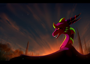 black_bars detailed_background feral horn membrane_(anatomy) membranous_wings night open_mouth orange_eyes outside sky solo spines star starry_sky teeth wings skaydie european_mythology mythology dragon mythological_creature mythological_scalie scalie western_dragon 2015 digital_media_(artwork) letterbox