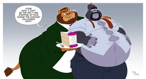 5_fingers anthro beard belly cake clothing cutlery dessert duo facial_hair fingers food fork fur grey_body grey_fur grey_skin kitchen_utensils male nails necktie obese obese_anthro obese_male open_mouth open_smile orange_body orange_fur overweight overweight_anthro overweight_male plate smile text tools whiskers duly_noted ape felid gorilla haplorhine lion mammal pantherine primate 2022 digital_media_(artwork) english_text