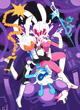 anthro anthro_on_anthro armor big_breasts bodily_fluids breast_play breasts butt clothed clothing cum cum_on_face cumshot ejaculation erection female genital_fluids genitals group group_sex headgear helmet huge_breasts male male/female penis ranged_weapon raygun sex spacecraft spacesuit threesome titfuck vehicle weapon miscon kuro_(miscon) midori_(miscon) pinku_(miscon) raito_buru_(miscon) bovid caprine goat lagomorph leporid mammal rabbit 2025 absurd_res hi_res