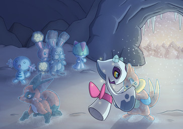 ambiguous_gender blue_body blue_eyes buckteeth cave frozen group orange_body snow snowing teeth yellow_sclera sillyfoe nintendo pokemon buizel buneary bunnelby canid canine fox froslass generation_2_pokemon generation_3_pokemon generation_4_pokemon generation_6_pokemon generation_8_pokemon ghost lagomorph leporid mammal mustelid musteline nickit pokemon_(species) rabbit ralts shiny_pokemon spirit true_musteline weasel wooper hi_res
