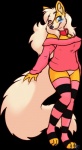 2013 alpha_channel anthro artstuffpossibly big_tail blonde_hair blue_eyes blush bottomless breasts canid canine cleavage clothed clothing collar eyebrows eyelashes female fluffy fluffy_tail fox full-length_portrait fur hair hair_over_eye legwear long_hair looking_at_viewer mammal one_eye_obstructed orange_body orange_fur panda-chan_(character) portrait simple_background smile solo standing tail tan_body tan_fur thigh_highs transparent_background white_hair