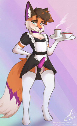 animal_genitalia animal_penis anthro armwear beverage blue_eyes bottomwear bulge canine_genitalia canine_penis clothed clothing coffee coffee_cup coffee_mug collar container crossdressing cup dipstick_tail ear_piercing erection femboy fur genitals holding_object holding_plate knot knotted_penis leggings legwear maid_uniform male markings orange_body orange_fur panties panties_down partially_clothed penis piercing plate pleated_skirt purple_body purple_fur purple_penis simple_background skirt smug_face solo stockings tail tail_markings underwear underwear_down uniform white_armwear white_body white_clothing white_fur white_legwear novav33 mochafox_(itsmochafox) canid canine fox mammal red_fox true_fox hi_res