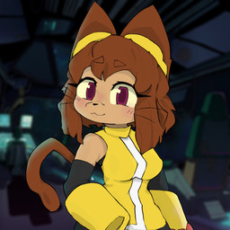 anthro black_nose breasts brown_hair clothing eyewear eyewear_on_head female front_view goggles goggles_on_head hair looking_at_viewer medium_breasts red_eyes short_hair solo space spacecraft standing tail topwear vehicle whiskers yellow_clothing yellow_topwear sir_notfunny gameoverse glitch_productions kit_bodega domestic_cat felid feline felis mammal 1:1 absurd_res colored hi_res