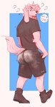 anthro arm_tuft big_butt blue_eyes bottomwear boxers_(clothing) butt clothed clothing dialogue elbow_tuft facial_tuft floppy_ears food footwear fruit fur hair head_tuft looking_at_another looking_at_viewer looking_back male neck_tuft open_mouth peach_(fruit) pink_body pink_fur plant question_mark shoes shorts solo tail tail_tuft talking_to_another translucent translucent_clothing tuft underwear walking harryharold peachytf canid canine canis domestic_dog mammal hi_res