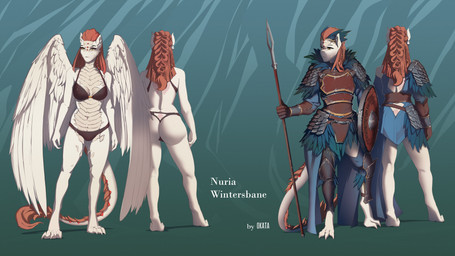 anthro armor big_butt bra breasts butt claws clothing feathered_wings feathers female lingerie melee_weapon panties polearm shield solo spear standing tail thick_thighs underwear weapon wings okata mythology dragon equid equine horse hybrid mammal mythological_creature mythological_scalie scalie absurd_res hi_res model_sheet