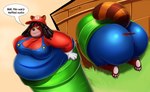 anthro barefoot belly big_belly big_butt blue_clothing blue_overalls brick_wall butt clenched_teeth clothed clothing cosplay dialogue feet female fur gloves grass hair handwear hat headgear headwear looking_back narrowed_eyes obese obese_anthro obese_female overalls overweight overweight_anthro overweight_female paws pipe plant raised_tail red_clothing red_hat red_headwear red_shirt red_topwear shirt solo speech_bubble stuck tail tanuki_tail teeth text topwear torn_clothing wall_(structure) shenzel mario_bros nintendo baldur_(shenzel) bear mammal 2022 english_text hi_res multiple_images signature