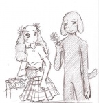 anthro blush clothed clothing duo female flower male nervous plant watering_can starberry115 bittersweet_candy_bowl david_(bcb) flower_girl_(bcb) canid canine canis domestic_dog mammal low_res traditional_media_(artwork)