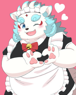 anthro blush clothed clothing crossdressing crossdressing_male gesture heart_gesture maid_headdress maid_uniform male one_eye_closed overweight pawpads solo uniform wink young meiwan666 asian_mythology east_asian_mythology japanese_mythology lifewonders mythology tokyo_afterschool_summoners agyo_(tas) foo_dog komainu mammal yokai hi_res