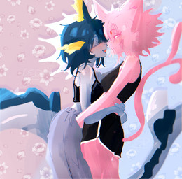 anthro blue_background blue_body blue_hair blush duo eyes_closed female female/female hair hug pink_background pink_body simple_background suzukidrawsz nintendo pokemon eeveelution espeon felid generation_1_pokemon generation_2_pokemon mammal pokemon_(species) vaporeon absurd_res hi_res