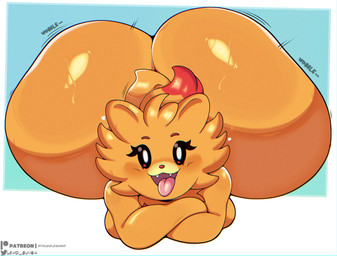 anthro big_butt bodily_fluids bottom_heavy breasts butt butt_jiggle cute_fangs fangs female female_anthro fur huge_butt hyper hyper_butt jiggling looking_at_viewer lying nude nude_female on_front orange_body orange_fur simple_background smile solo sweat sweaty_butt teeth tongue tongue_out strugglebunny nintendo pokemon pokemon_winds_and_waves canid canine generation_10_pokemon mammal pokemon_(species) pombon 2026 hi_res
