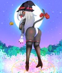 anthro breasts butt clothing dark_body dark_skin female grey_hair grove hair holidays legwear night panties smile solo underwear yellow_eyes whiteyonggari_(artist) halloween domestic_cat felid feline felis mammal hi_res