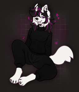 anthro antlers black_clothing black_hair black_nose black_sweater black_topwear clothing ear_piercing fur hair horn piercing purple_eyes purple_hair simple_background solo sweater tail topwear white_body white_fur white_tail bonesborrow lota hi_res