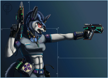 anthro armor beads blue_border blue_hair border bracers braided_hair breasts bulge claws clothed clothing eyewear female first_aid_kit glasses gun hair mane medic medical medical_instrument mohawk piercing pip-boy ranged_weapon scientific_instrument snarling solo teeth weapon fleety_(artist) fallout microsoft fleety_(character) lupe canid canine lupinossai mammal hi_res herm_(lore)