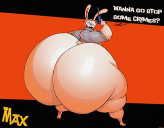 anthro big_butt black_background black_eyes black_mouth butt clothing dialogue empty_eyes grey_clothing grey_shirt grey_topwear gun holding_gun holding_object holding_ranged_weapon holding_weapon huge_butt hyper hyper_butt looking_at_viewer looking_back looking_back_at_viewer male open_mouth open_smile pawpads pink_inner_ear pink_nose pink_pawpads ranged_weapon red_background red_tongue scut_tail sharp_teeth shirt short_tail simple_background smile smiling_at_viewer solo tail talking_to_viewer teeth text thick_thighs tongue topwear weapon white_body white_ears white_tail schplingnops sam_and_max max_(sam_and_max) lagomorph leporid mammal rabbit 2026 colored digital_media_(artwork) english_text remake shaded