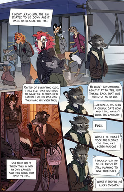 ambiguous_gender anthro backpack barefoot beak bicycle biped black_nose brown_body brown_eyes brown_fur bus cellphone cheek_tuft clothed clothed_anthro clothing commercial_vehicle day duo electronics facial_tuft fangs feathers feet fluffy fluffy_tail fur grey_body grey_fur group hair head_tuft holding_cellphone holding_object holding_phone holding_smartphone inner_monologue looking_at_cellphone looking_at_object looking_at_phone male orange_body orange_fur outside phone pointy_ears prick_ears red_body red_feathers smartphone snout solo tail tan_body tan_fur teeth text text_box thinking tuft tusks vehicle walking waving_goodbye white_body white_fur yellow_sclera falco_works background_character indy_(justroadkill) pen_(falco_works) american_opossum avian bird canid canine canis cervine coyote deer macaw mammal marsupial neotropical_parrot parrot rodent true_parrot tufted_deer virginia_opossum wolf 2026 comic digital_media_(artwork) english_text hi_res multiple_scenes