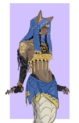abstract_background alternate_species anthro apode brown_body clothed clothing female furrification grey_body grey_scales legless midriff no_sclera red_eyes scales serpentine solo split_form whiskers kkron_m final_fantasy final_fantasy_xiv square_enix ananta_(final_fantasy) domestic_cat draconcopode felid feline felis hybrid lamia mammal reptile scalie snake
