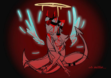 after_transformation blood bodily_fluids disembodied_wings duo feathered_wings feathers female halo hooves horn hug hugging_another long_tail male male/female spade_tail tail text unguligrade wings emositecc hellaverse helluva_boss millie_(helluva_boss) moxxie_(helluva_boss) demon demon_humanoid humanoid imp colored english_text restricted_palette