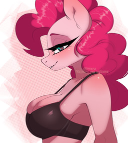 anthro bedroom_eyes big_breasts black_bra black_clothing black_eyes black_underwear bra breasts cleavage clothed clothing female glistening glistening_breasts hair looking_at_viewer narrowed_eyes pattern_background pink_body pink_hair pink_nose seductive simple_background smile smiling_at_viewer solo standing underwear glitter_galaxia friendship_is_magic hasbro my_little_pony pinkie_pie_(mlp) equid equine horse mammal pony 2025 absurd_res detailed digital_drawing_(artwork) digital_media_(artwork) hi_res watermark